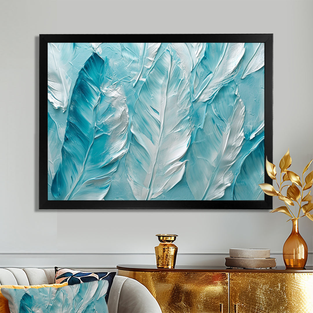 Bold White And Turquoise Boho Feathers Painting - Feathers Living Room Wall Art