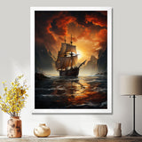 Fierce Sailboat Entering The Fjord Red Sunset - Boat Canvas Wall Art