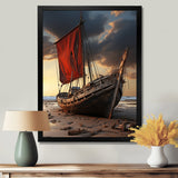 Coastal Quietness Red Sailboat Stranded On Desert Beach - Boat Canvas Wall Art