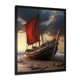 Coastal Quietness Red Sailboat Stranded On Desert Beach - Boat Canvas Wall Art