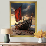 Coastal Quietness Red Sailboat Stranded On Desert Beach - Boat Canvas Wall Art