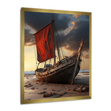 Coastal Quietness Red Sailboat Stranded On Desert Beach - Boat Canvas Wall Art