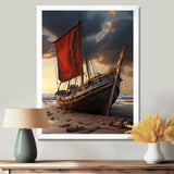 Coastal Quietness Red Sailboat Stranded On Desert Beach - Boat Canvas Wall Art