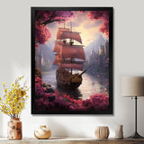 Triumph Sailboat Arriving In Pink Blossoming Harbor - Boat Canvas Wall Art