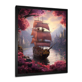 Triumph Sailboat Arriving In Pink Blossoming Harbor - Boat Canvas Wall Art