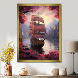 Triumph Sailboat Arriving In Pink Blossoming Harbor - Boat Canvas Wall Art