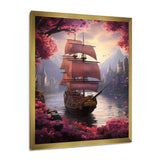 Triumph Sailboat Arriving In Pink Blossoming Harbor - Boat Canvas Wall Art