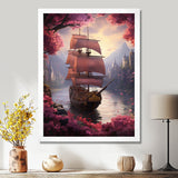 Triumph Sailboat Arriving In Pink Blossoming Harbor - Boat Canvas Wall Art