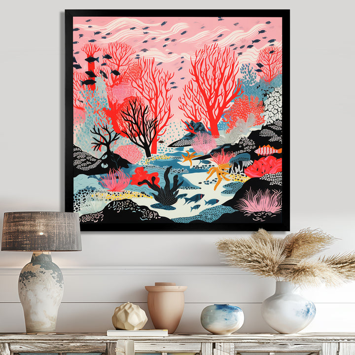 Deep Ocean Red Coral With Little Fishes Retro Illustration - Coral Wall Decor