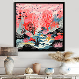 Deep Ocean Red Coral With Little Fishes Retro Illustration - Coral Wall Decor