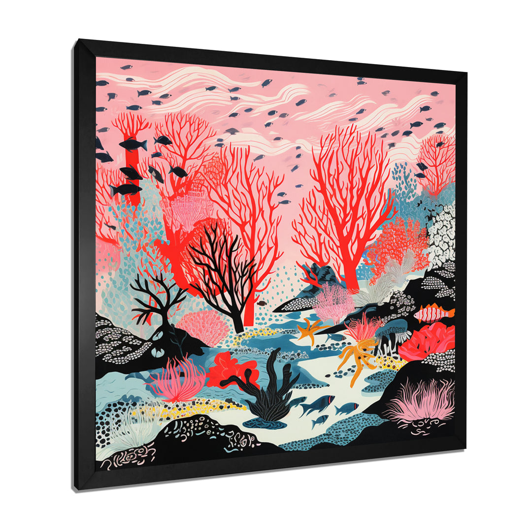 Deep Ocean Red Coral With Little Fishes Retro Illustration - Coral Wall Decor