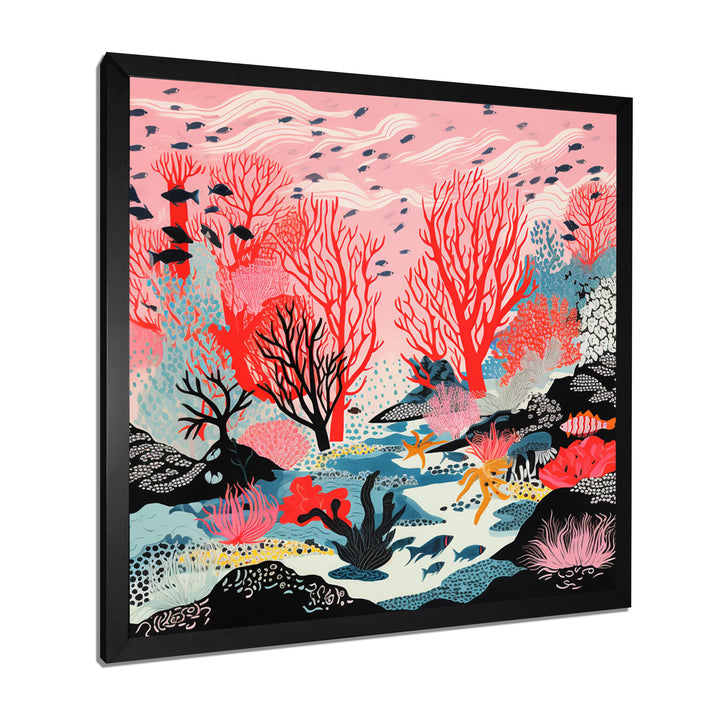 Deep Ocean Red Coral With Little Fishes Retro Illustration - Coral Wall Decor