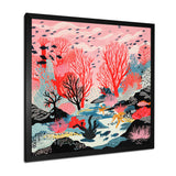 Deep Ocean Red Coral With Little Fishes Retro Illustration - Coral Wall Decor