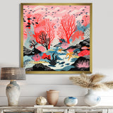 Deep Ocean Red Coral With Little Fishes Retro Illustration - Coral Wall Decor