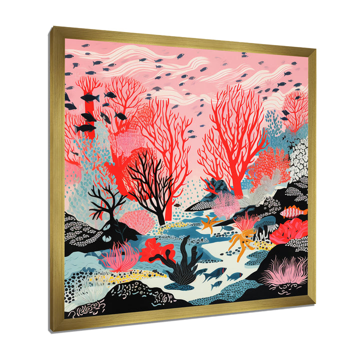Deep Ocean Red Coral With Little Fishes Retro Illustration - Coral Wall Decor