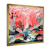 Deep Ocean Red Coral With Little Fishes Retro Illustration - Coral Wall Decor