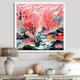 Deep Ocean Red Coral With Little Fishes Retro Illustration - Coral Wall Decor