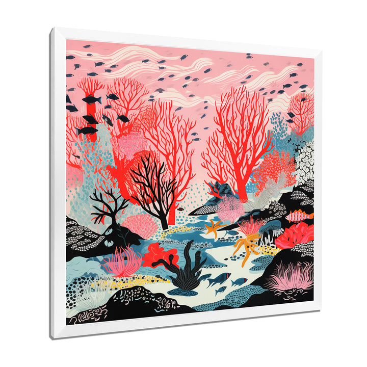 Deep Ocean Red Coral With Little Fishes Retro Illustration - Coral Wall Decor