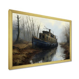 Deserted Fisherman Boat Alone In Misty River - Boat Canvas Wall Art