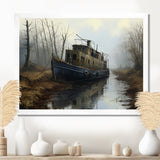 Deserted Fisherman Boat Alone In Misty River - Boat Canvas Wall Art