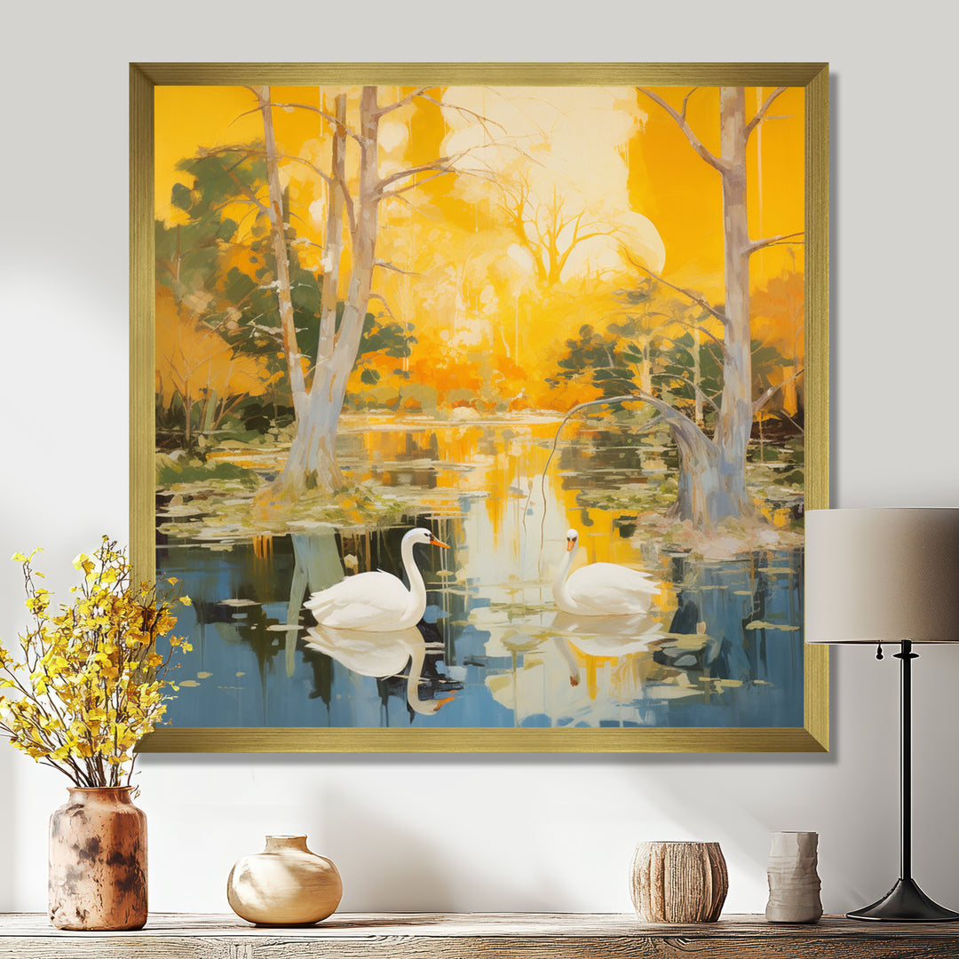 Two Swans In Yellow Autumn Lake - Swans Wall Art Prints