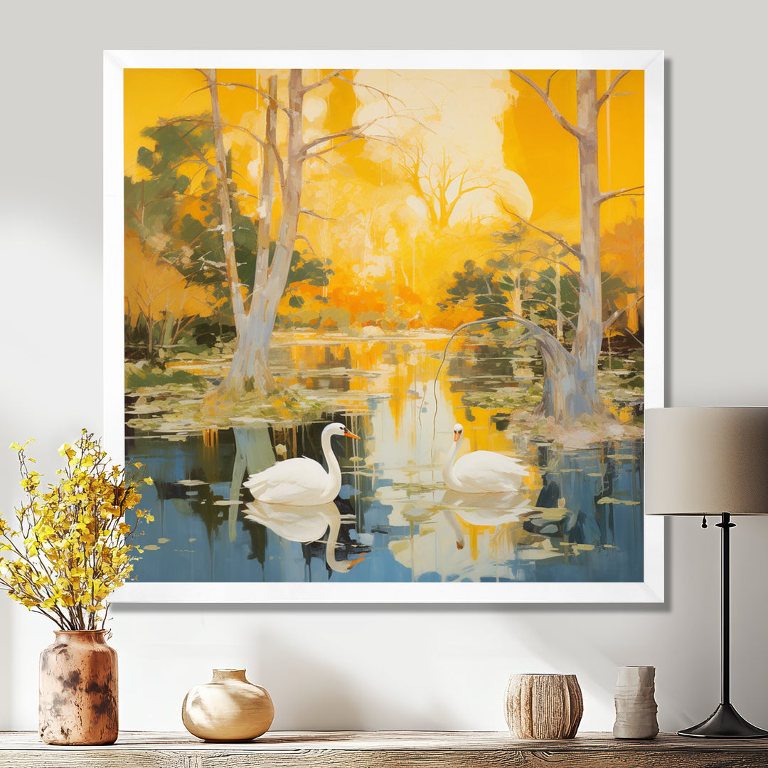 Two Swans In Yellow Autumn Lake - Swans Wall Art Prints
