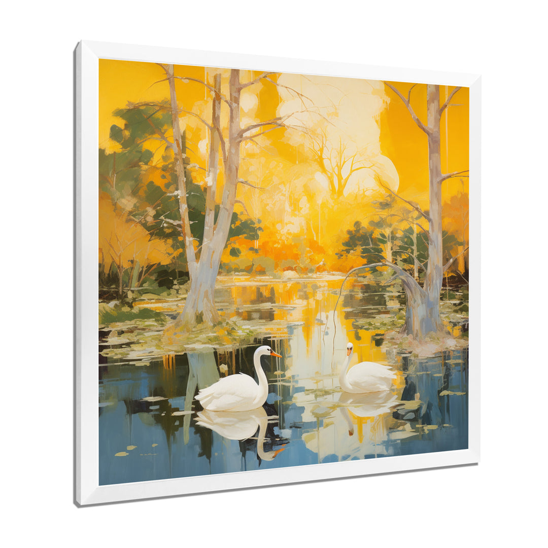 Two Swans In Yellow Autumn Lake - Swans Wall Art Prints