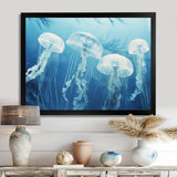 Four White Jellyfish Floating To The Ocean Surface Sunlight - Blue Jellyfish Wall Art