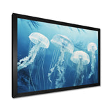 Four White Jellyfish Floating To The Ocean Surface Sunlight - Blue Jellyfish Wall Art