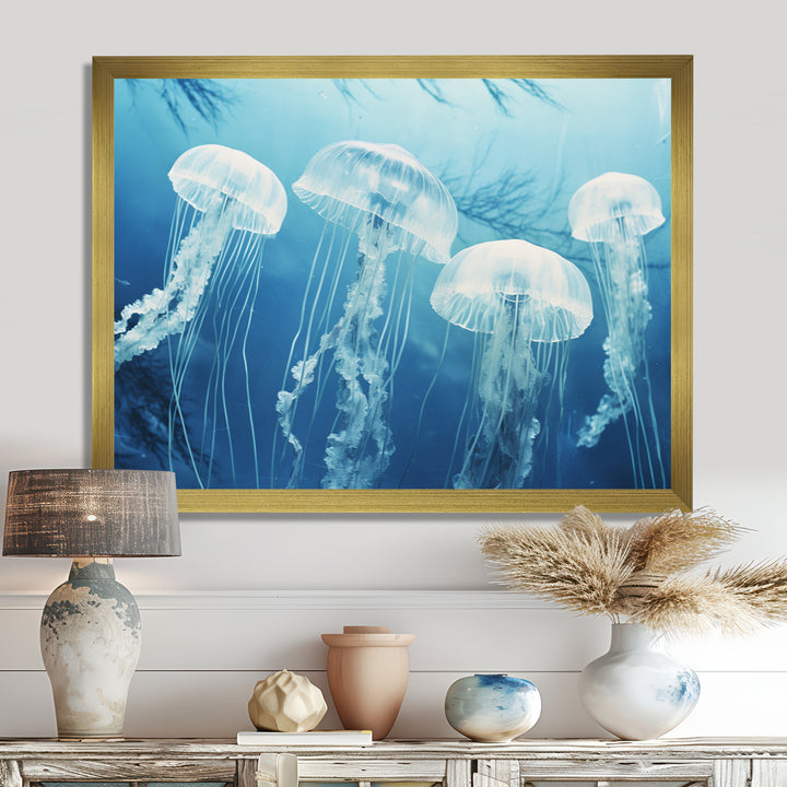 Four White Jellyfish Floating To The Ocean Surface Sunlight - Blue Jellyfish Wall Art
