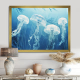 Four White Jellyfish Floating To The Ocean Surface Sunlight - Blue Jellyfish Wall Art