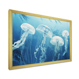Four White Jellyfish Floating To The Ocean Surface Sunlight - Blue Jellyfish Wall Art