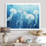 Four White Jellyfish Floating To The Ocean Surface Sunlight - Blue Jellyfish Wall Art
