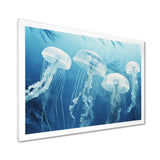 Four White Jellyfish Floating To The Ocean Surface Sunlight - Blue Jellyfish Wall Art