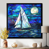 White Sailboat On Shades Of Ocean Blue White Full Moon - Boat Canvas Wall Art