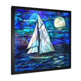 White Sailboat On Shades Of Ocean Blue White Full Moon - Boat Canvas Wall Art