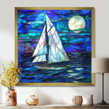 White Sailboat On Shades Of Ocean Blue White Full Moon - Boat Canvas Wall Art