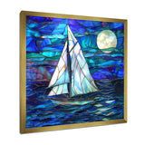 White Sailboat On Shades Of Ocean Blue White Full Moon - Boat Canvas Wall Art