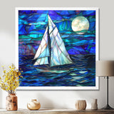 White Sailboat On Shades Of Ocean Blue White Full Moon - Boat Canvas Wall Art