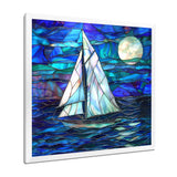 White Sailboat On Shades Of Ocean Blue White Full Moon - Boat Canvas Wall Art