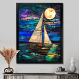 White Sailboat Ocean Moonlight Shades Of Blue And Green - Boat Canvas Wall Art