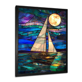 White Sailboat Ocean Moonlight Shades Of Blue And Green - Boat Canvas Wall Art