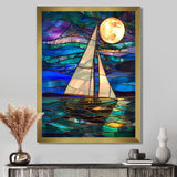 White Sailboat Ocean Moonlight Shades Of Blue And Green - Boat Canvas Wall Art