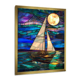 White Sailboat Ocean Moonlight Shades Of Blue And Green - Boat Canvas Wall Art