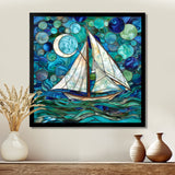 White Sailboat Ocean Sky Circles Of Shades Of Green And Blue - Boat Canvas Wall Art