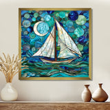 White Sailboat Ocean Sky Circles Of Shades Of Green And Blue - Boat Canvas Wall Art