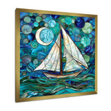 White Sailboat Ocean Sky Circles Of Shades Of Green And Blue - Boat Canvas Wall Art