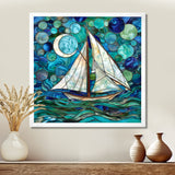White Sailboat Ocean Sky Circles Of Shades Of Green And Blue - Boat Canvas Wall Art