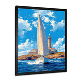 White Sailboat Leaving The Lighthouse Harbor Blue Sky - Boat Canvas Wall Art