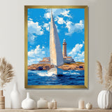 White Sailboat Leaving The Lighthouse Harbor Blue Sky - Boat Canvas Wall Art